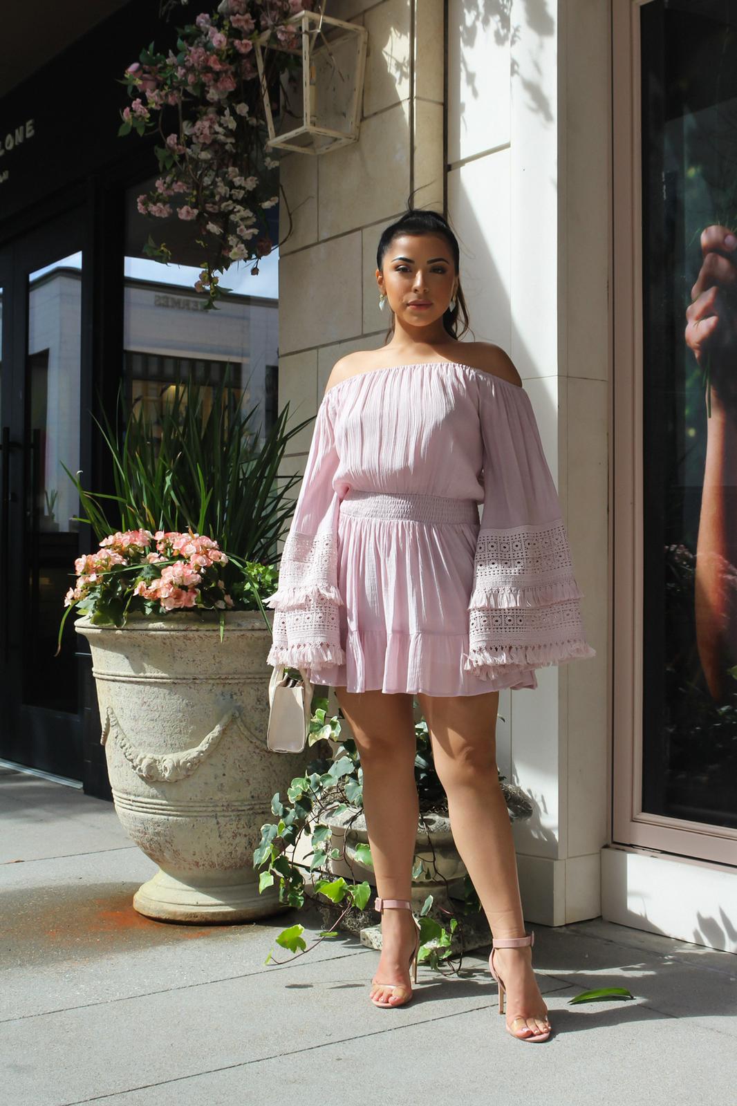 "Boho Chic: Pale Pink Flair Sleeve Dress for Effortless Style"