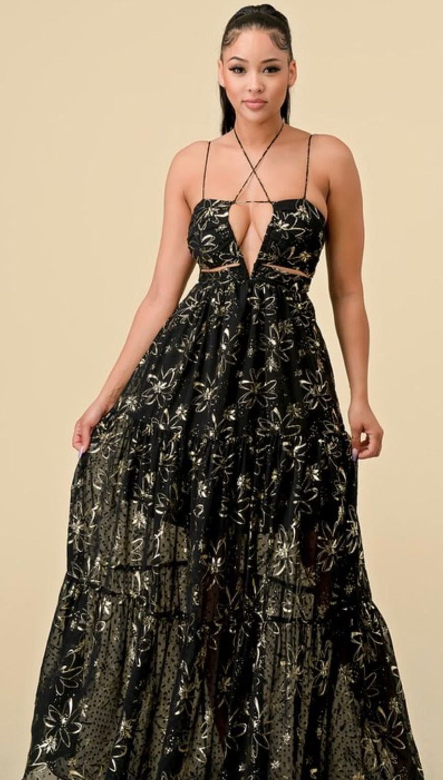 Black and Gold Sequin Maxi Dress