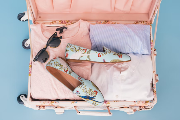 some pinkish and blue color clothes placed inside a pink suitcase while a sunglasses and pair for floral designed shoes on the top of clothes