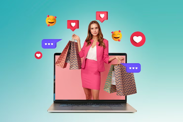 women holding shopping bags popped out from a laptop screen while some emojis floating around