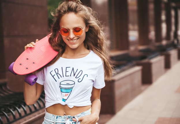 girl wearing friends t shirt holding skateboard on shoulder and smiling