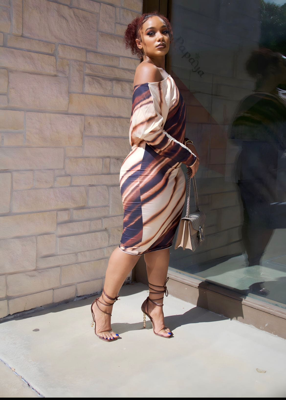 "Effortless Charm: The Off-Shoulder Striped Dress in Brown, Tan, and Cream"