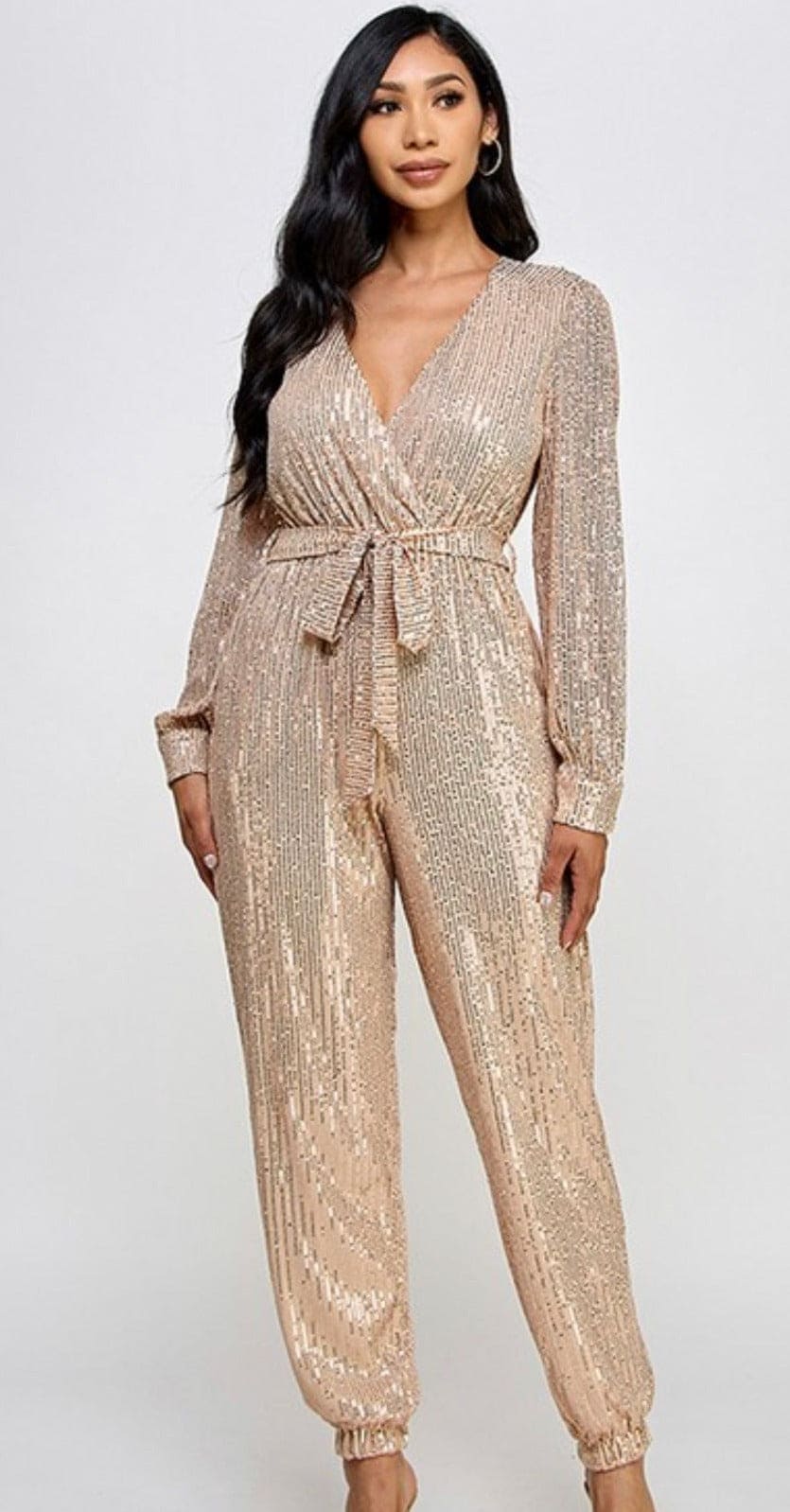 "Glamorous Allure: The Sequin Belted Jumpsuit"