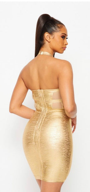 "Gilded Glamour: The Gold Metallic Halter Mesh Bandage Dress"