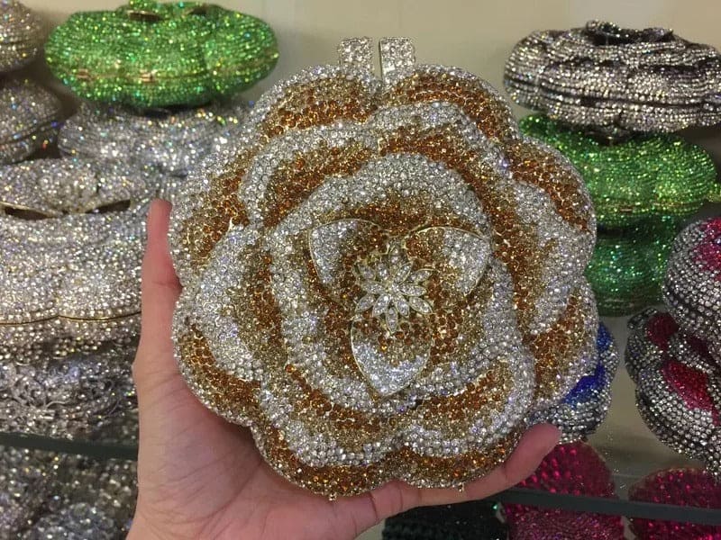 Rose Flower Pink/Green Rhinestones Evening Clutches Women Floral Crystal