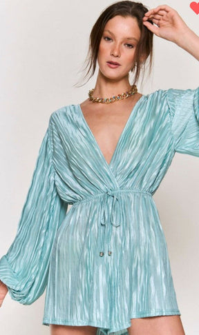 "Minty Fresh: A Satin Rib Long Sleeve Romper for a Chic and Trendy Look"