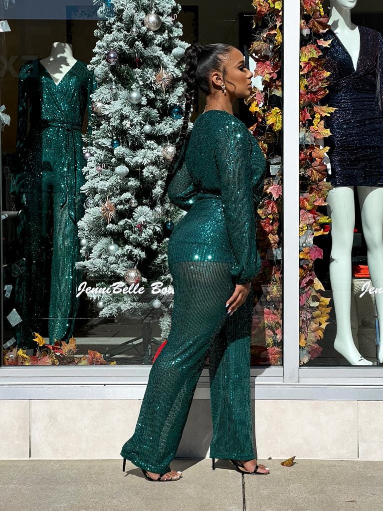 Holiday Green Sequin Jumpsuit