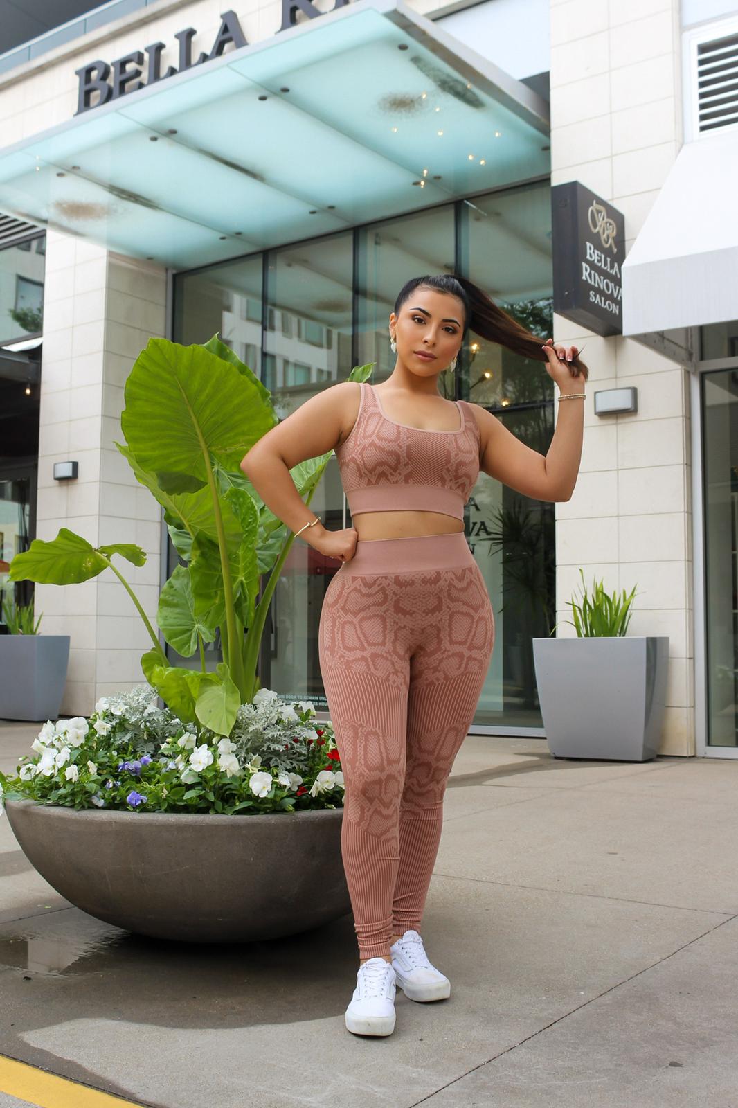 "Make a Statement with Our 2 Piece Nude Snake Print Active Wear Set"