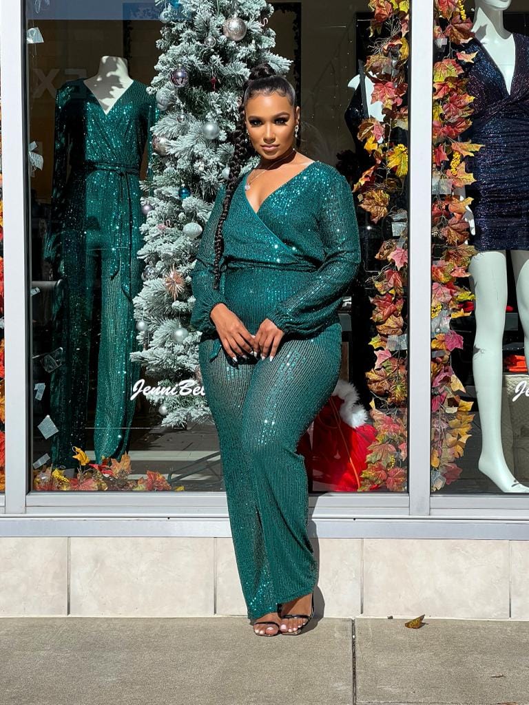 Holiday Green Sequin Jumpsuit