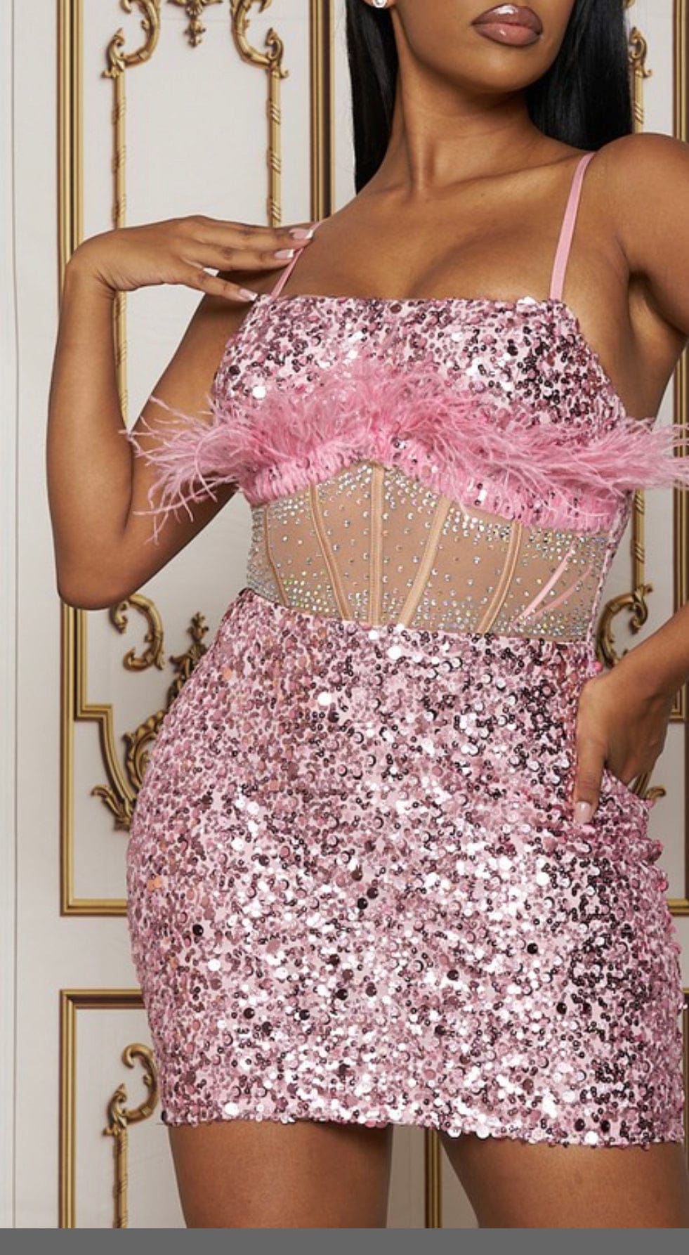Pink fur rimmed sequin dress
